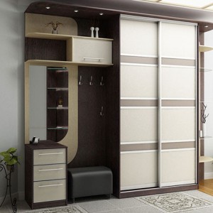 Шкаф-купе в коридор из ДСП, с полочками, тумбой и с подсветкой